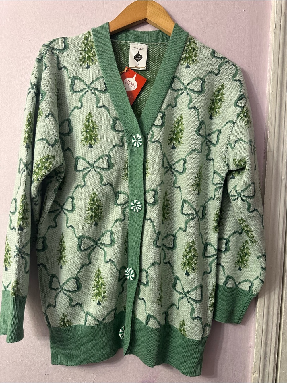 Women's Mint Green Holiday Cardigan Sweater with Tree & Bow Motif
